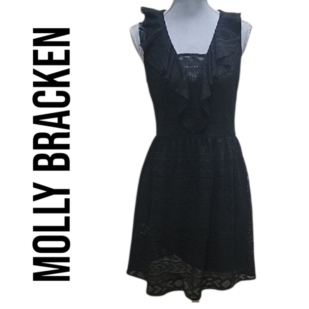 MOLLY BRACKEN Elegant RUFFLED Black Lace Dress . EUC Med P2p 19 L 39